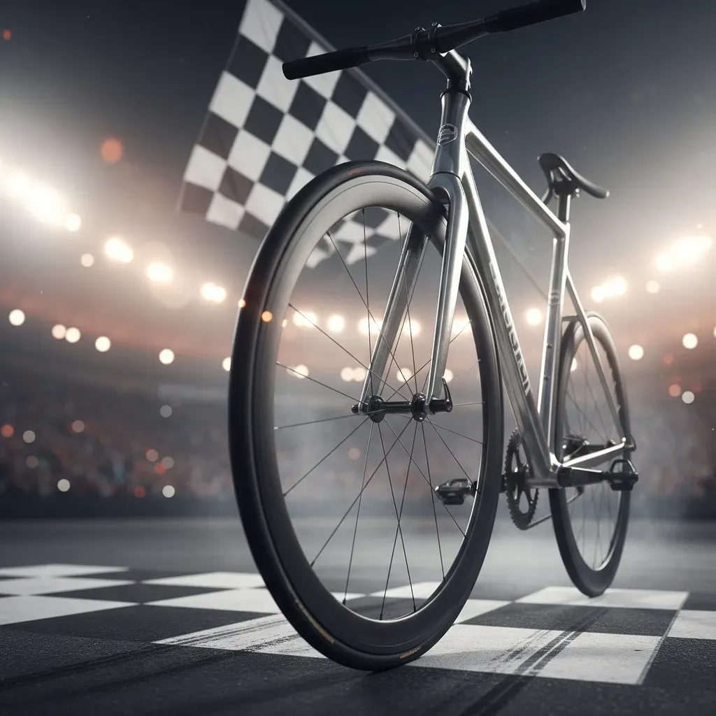 A dynamic, close-up action shot from a low angle, capturing the front wheel of an unbranded prototype race bike as it cr