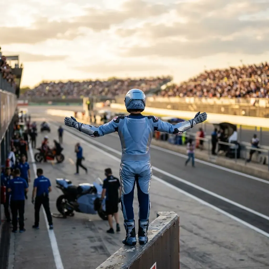 An atmospheric, wide-angle shot of a lone rider in plain racing leathers standing on the top step of a podium after a ra