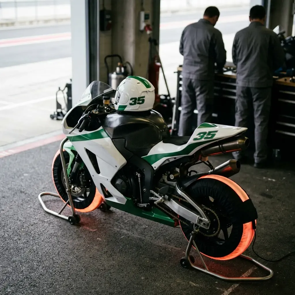 Cal Crutchlow's racing helmet sits on the tank of his Yamaha test bike in the garage, signifying his role as a test rider.