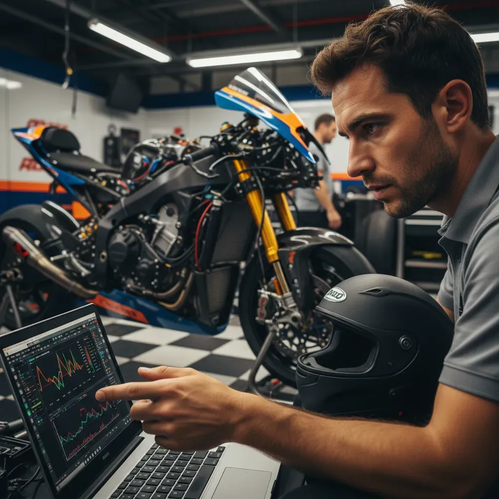 A tight, intimate shot inside a brightly lit pit garage. An anonymous rider, helmet off, sits on a stool, deep in conver