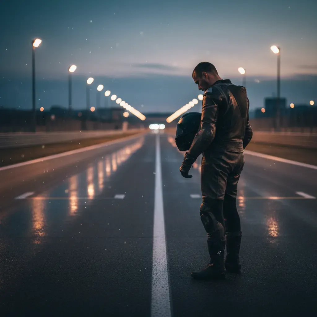 A lone, anonymous rider in dark leathers stands at the edge of a race track at dusk, helmet under his arm, looking down 