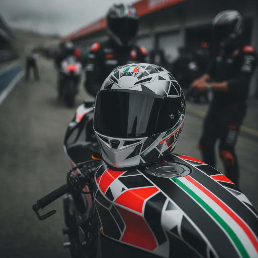 A helmet featuring Italian colours rests on a MotoGP bike, symbolising the arrival of Italian rider Nicolò Bulega.