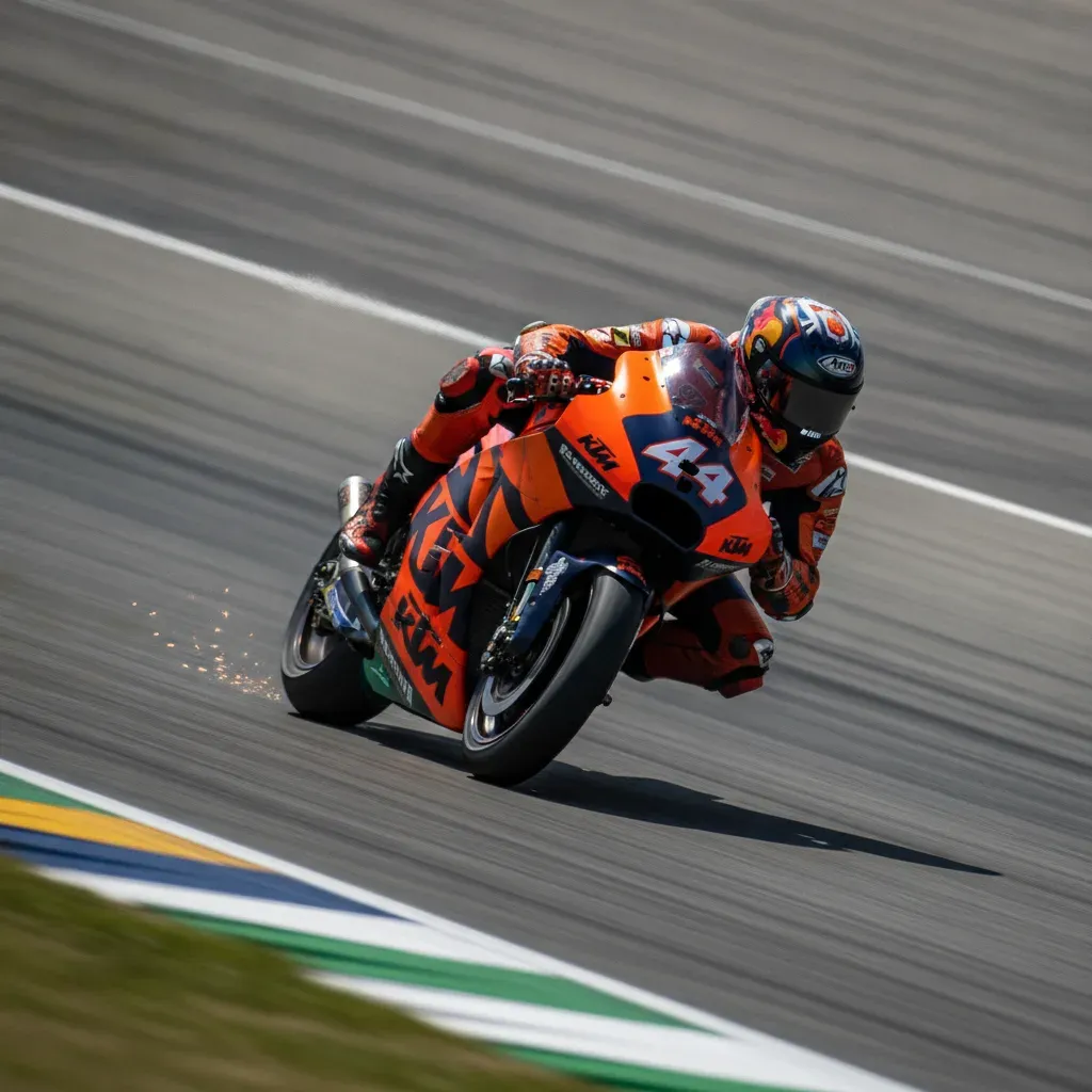 Pol Espargaro demonstrates his aggressive riding style, leaning his KTM bike low into a corner at speed.