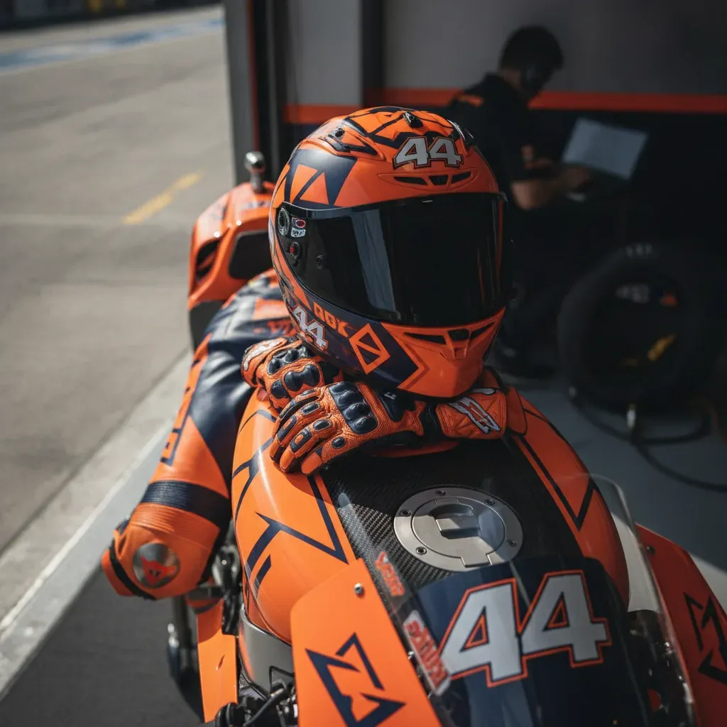 A helmet and gloves on a Red Bull KTM Tech3 bike, representing Pol Espargaro's readiness as a substitute rider.