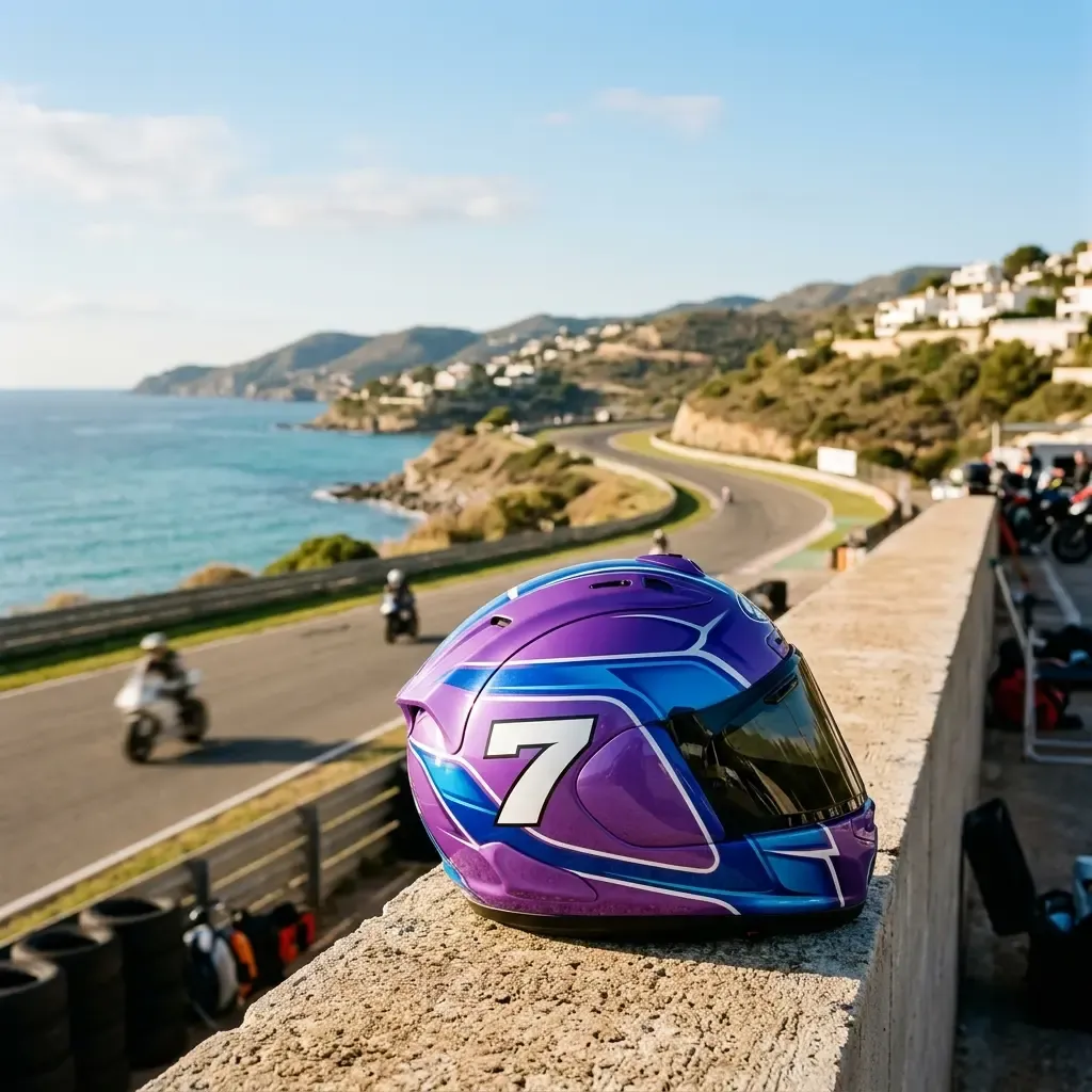 A wide shot of a lone, anonymous rider in plain racing leathers, helmet under his arm, standing on a dusty, sun-baked hi
