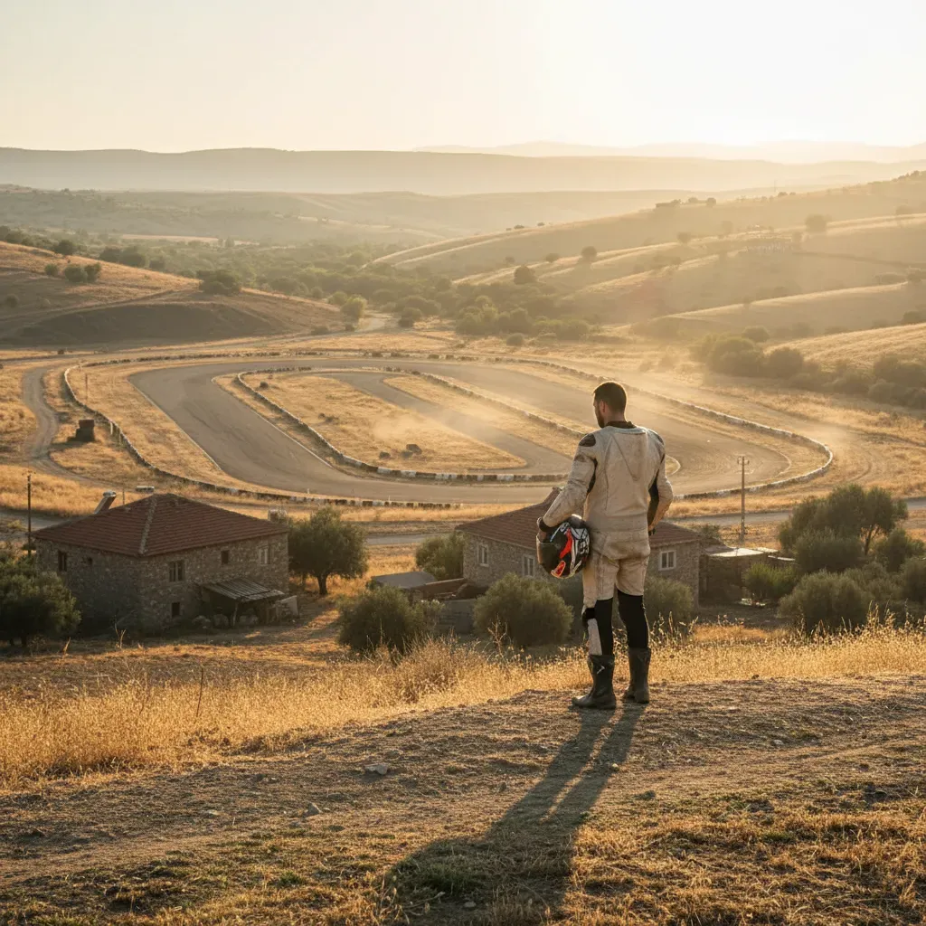A wide shot of a lone, anonymous rider in plain racing leathers, helmet under his arm, standing on a dusty, sun-baked hi