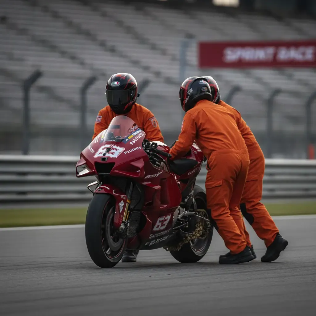 Marshals recover a red MotoGP bike after an incident.