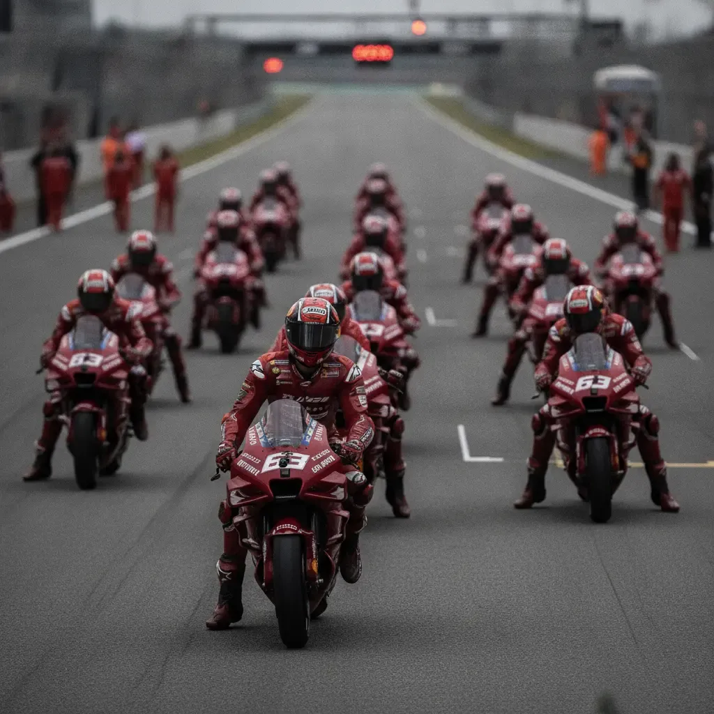 An illustration of a crowded MotoGP starting grid.