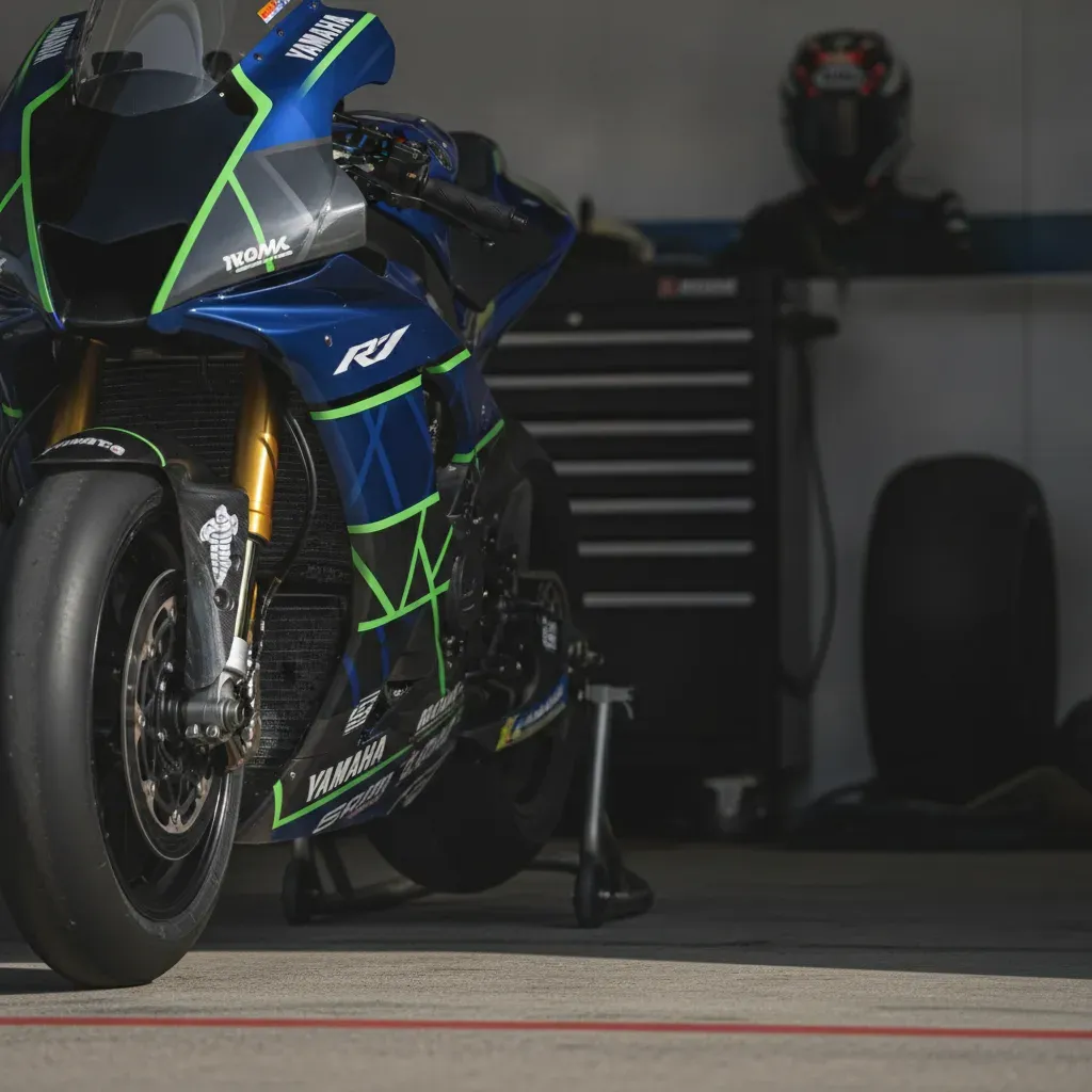A Japanese Yamaha team engineer studies data screens intently inside the bustling environment of the MotoGP pit garage.