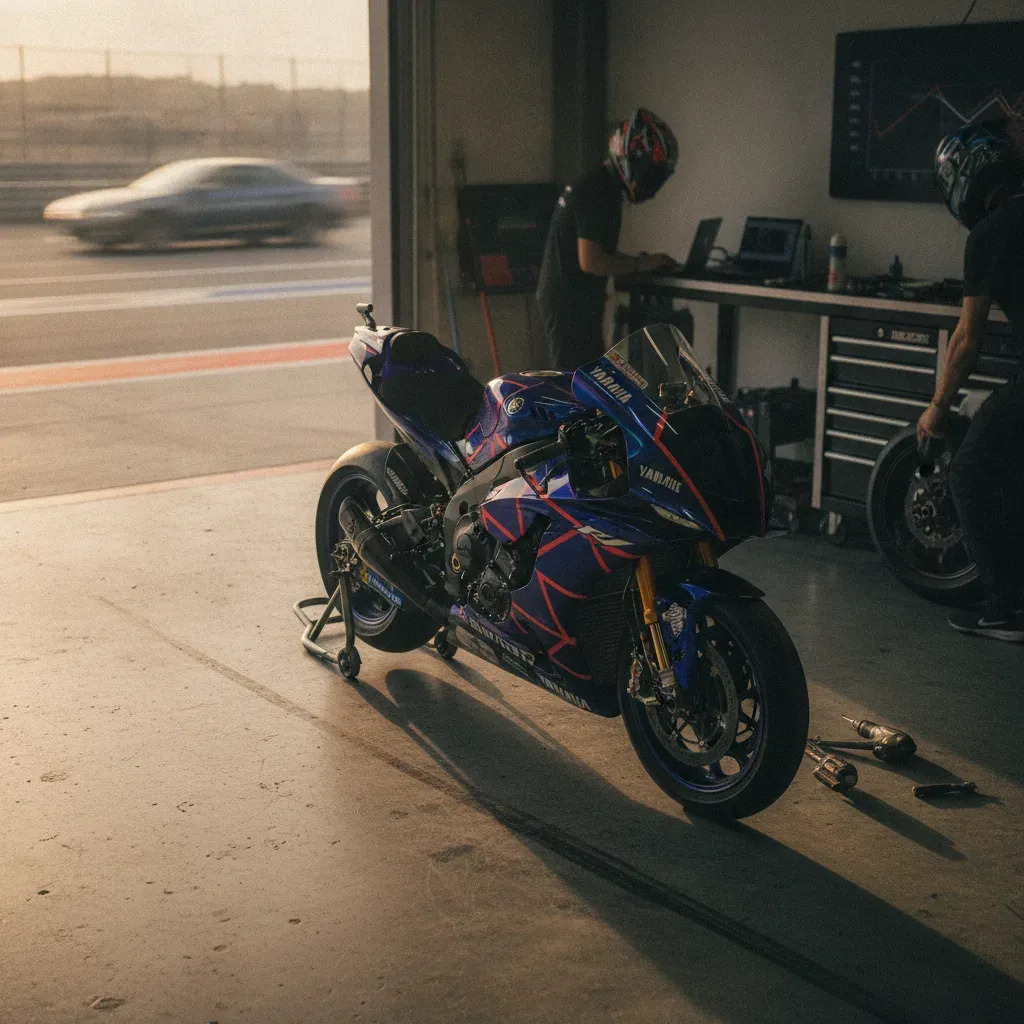 MotoGP rider Fabio Quartararo sits on his bike with his helmet visor raised, showing a determined expression.