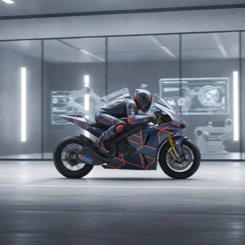 A brand new, unpainted Yamaha MotoGP bike in a workshop, with a technician applying Jorge Martin's race number to it.