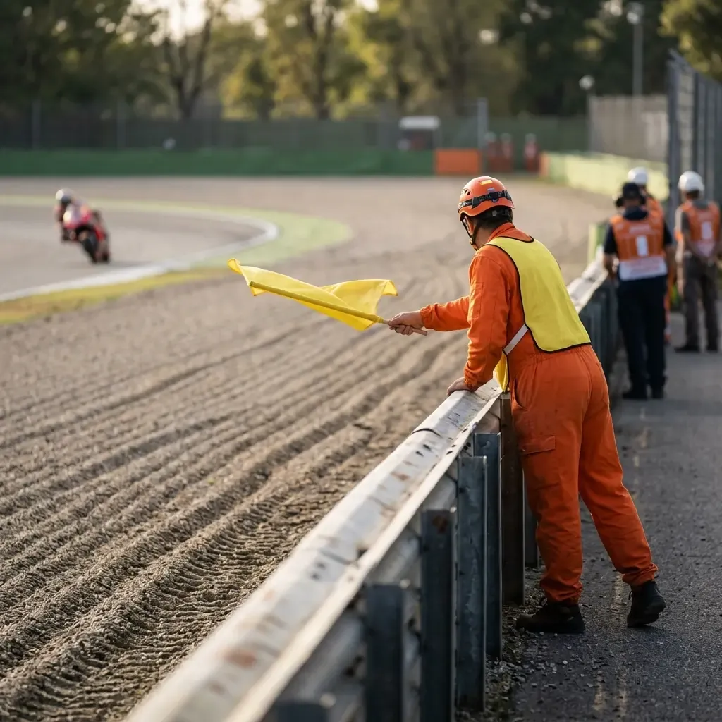 A track marshal in bright orange overalls stands alert behind a safety barrier, leaning forward to wave a single yellow
