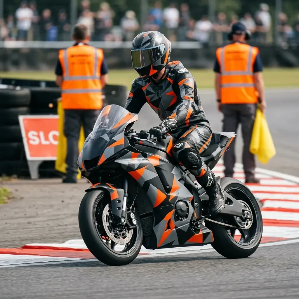 A wide-angle shot of a chaotic crash scene at a racetrack corner. A racing motorcycle, its livery unbranded, lies on its