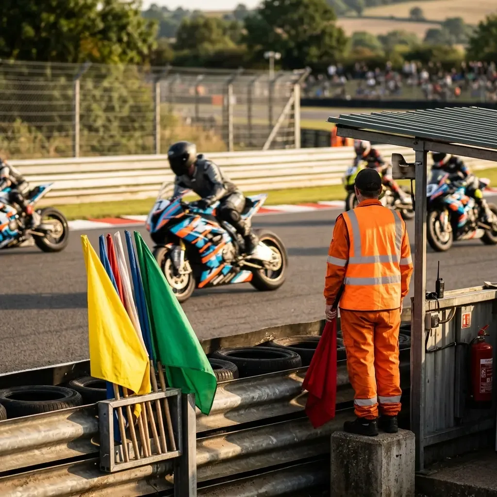 Atmospheric shot of a track marshal standing at their post as the sun sets, casting a warm, golden glow across the circu