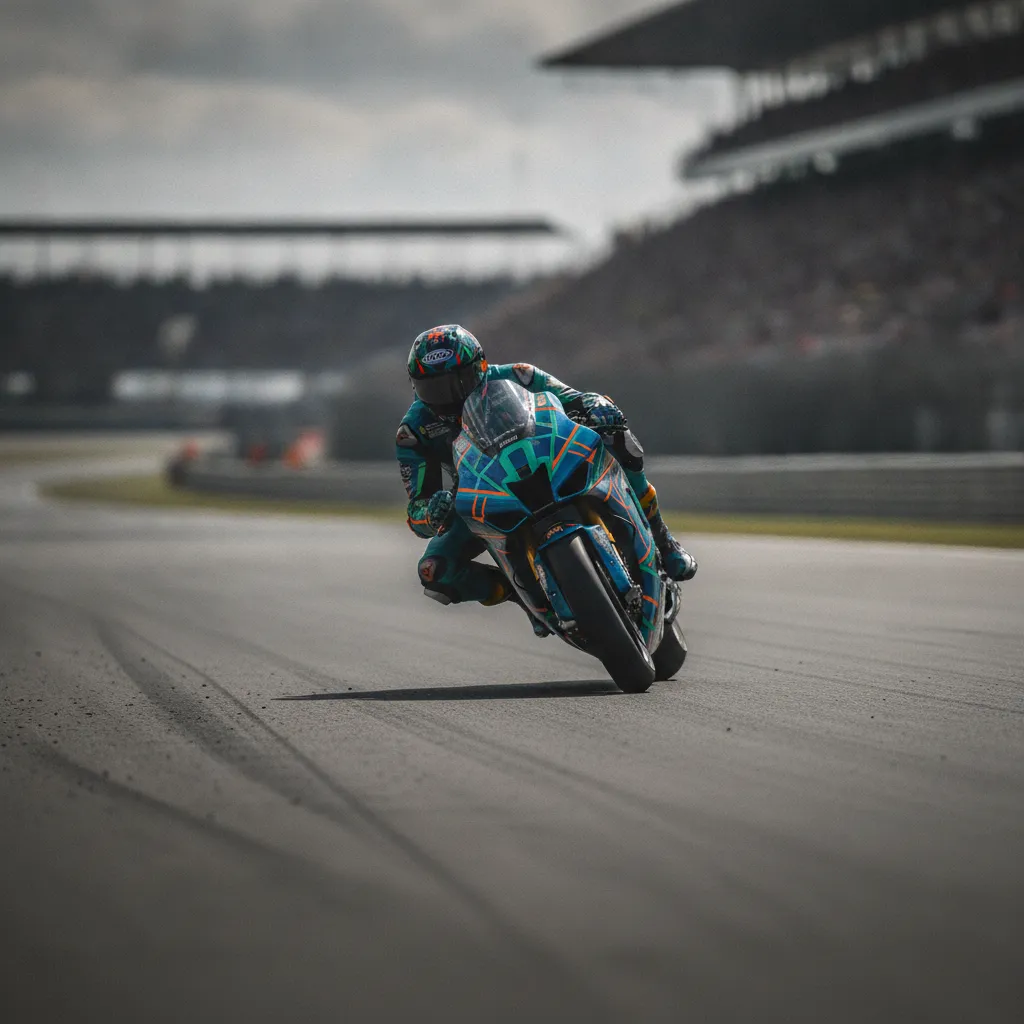 A MotoGP motorcycle travels at high speed down a long straight at the Silverstone track, with spectator stands blurred in the distance.