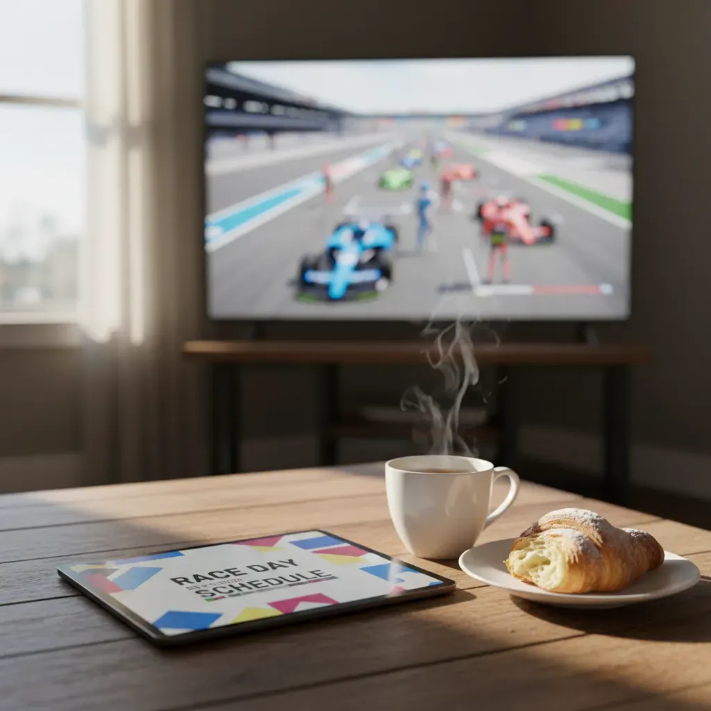 A bright and airy Sunday morning scene. On a wooden coffee table sits a tablet displaying a colourful race day schedule.