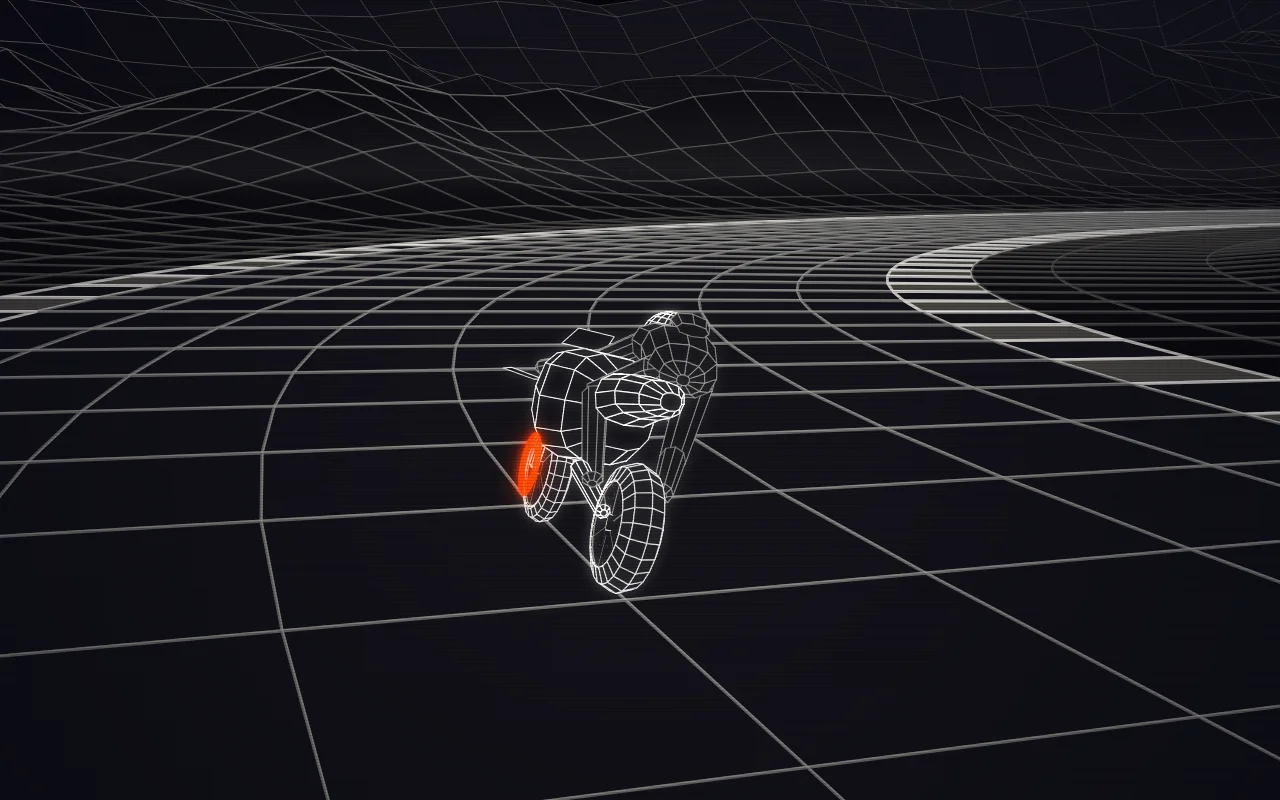 Wireframe view from behind a MotoGP bike at the entry to a right-hand corner, leaning in while its front brake disc glows orange: trail braking.