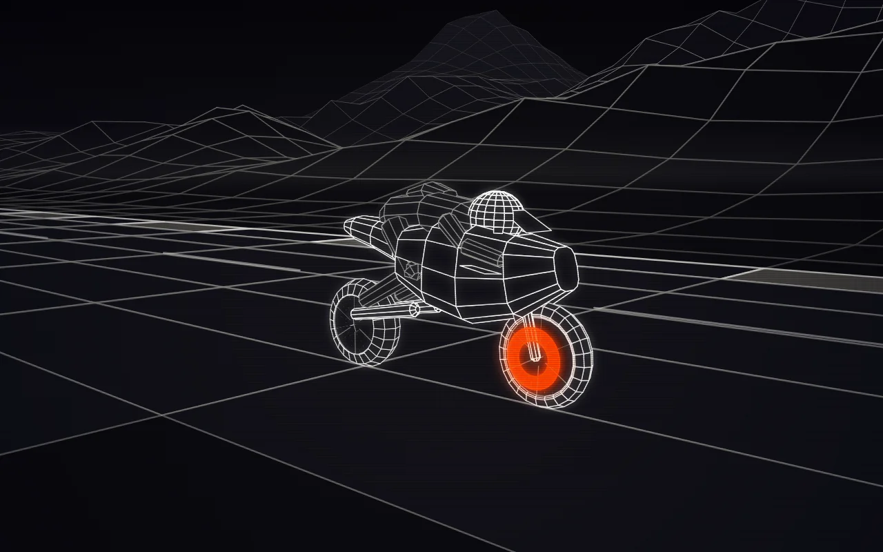 Wireframe front three-quarter view of a MotoGP bike braking hard: the front fork dives and the carbon brake disc glows orange.