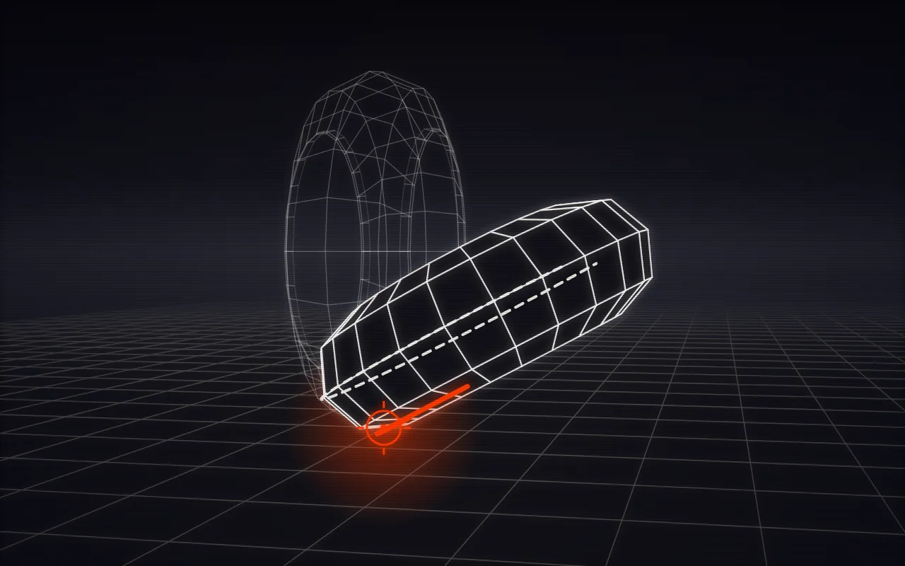 Wireframe drawing of a MotoGP rear slick leaned right over, next to a faint upright copy. A dashed ring marks the middle of the tread; an orange ring near the edge marks the part touching the track.