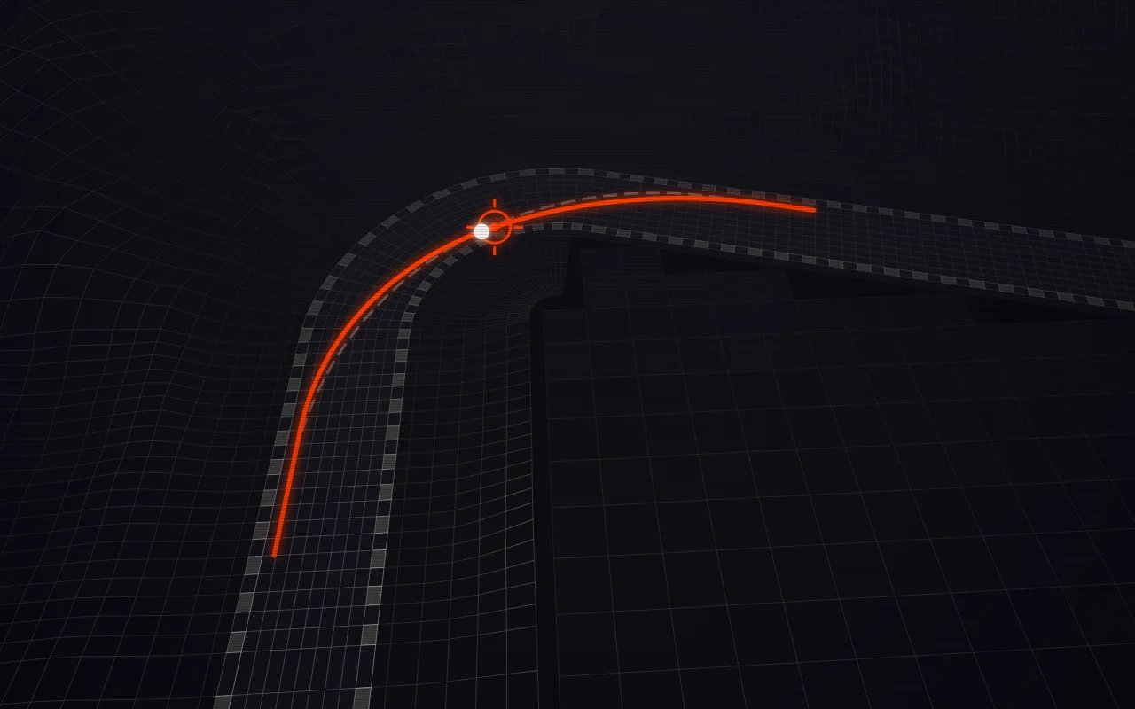 Wireframe view from above of a right-hand corner with an orange racing line that starts wide, touches the inside at a late apex and runs out wide onto the exit straight.