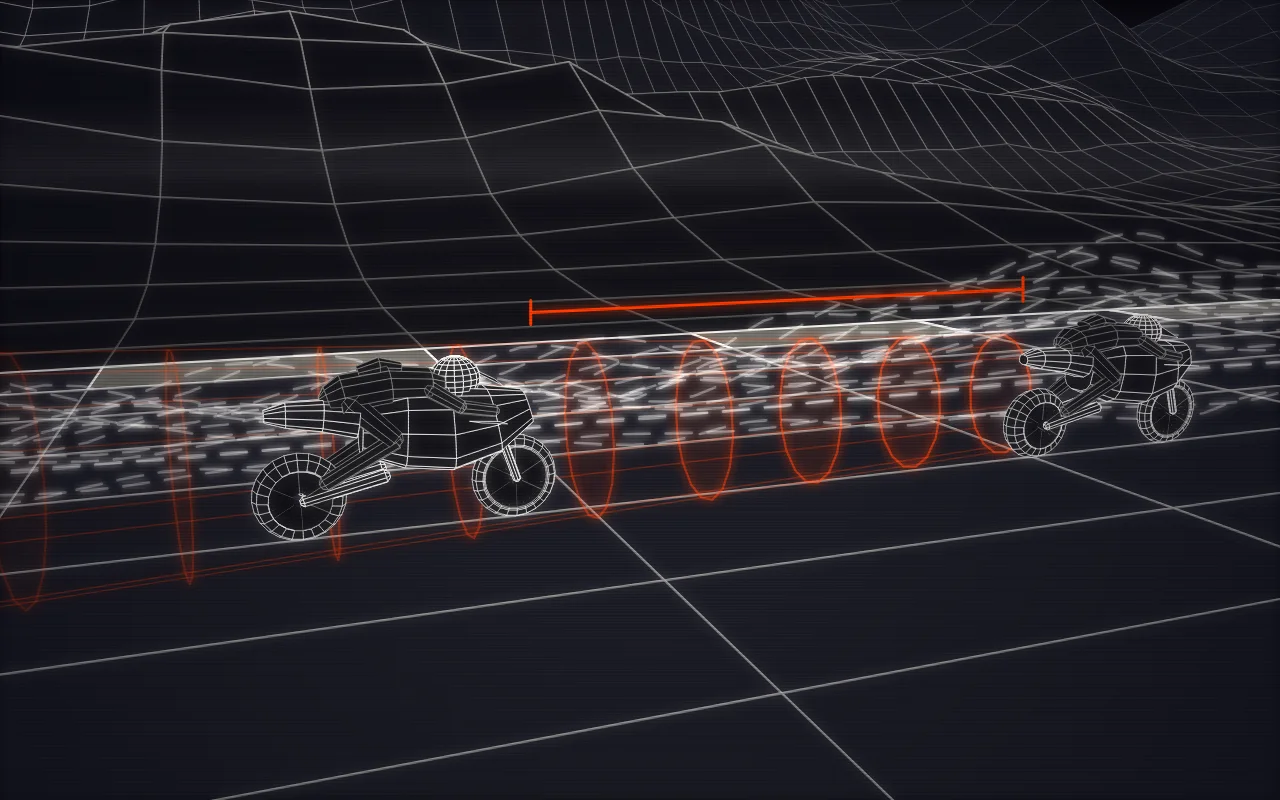 Wireframe side view of two MotoGP bikes on a straight. Dashed airflow lines stream past the lead bike, an orange wireframe pocket stretches behind it, and the second bike rides inside that pocket.