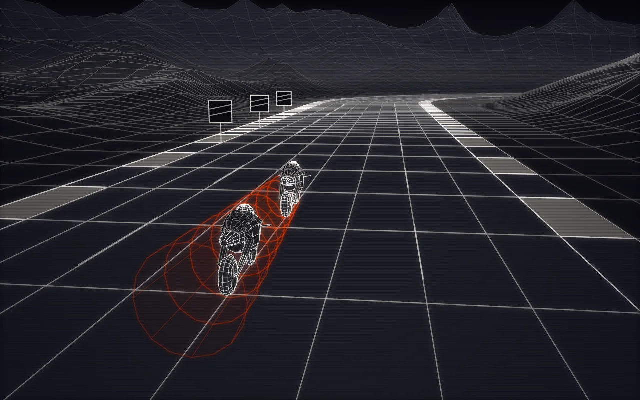 Wireframe chase view from behind a MotoGP bike tucked into the orange slipstream pocket of the bike in front, with plain braking-zone marker boards ahead at the side of the straight.